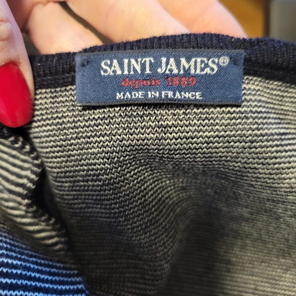Saint James Pure New Wool Jacket Cardigan Navy Striped Trim Size Small (US 8) - Picture 8 of 8
